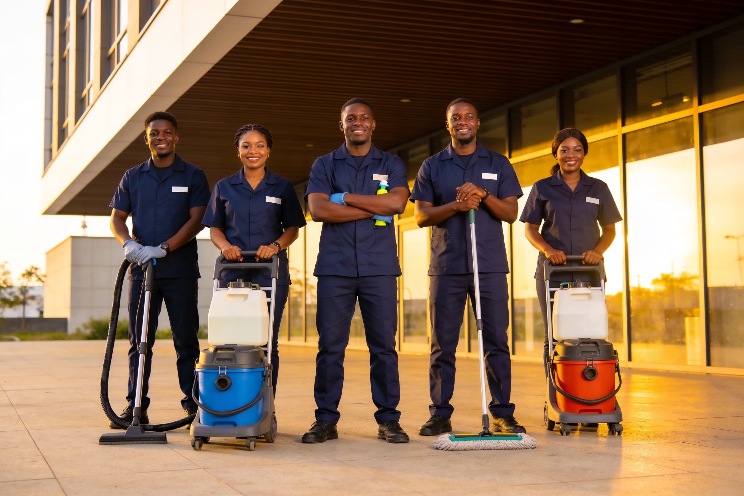 The Oxygen Wash team in navy uniforms at golden hour